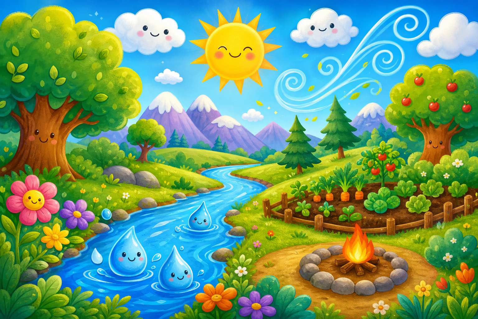 Dibujo infantil del mundo que cuidamos: viento, fuego, agua y tierra