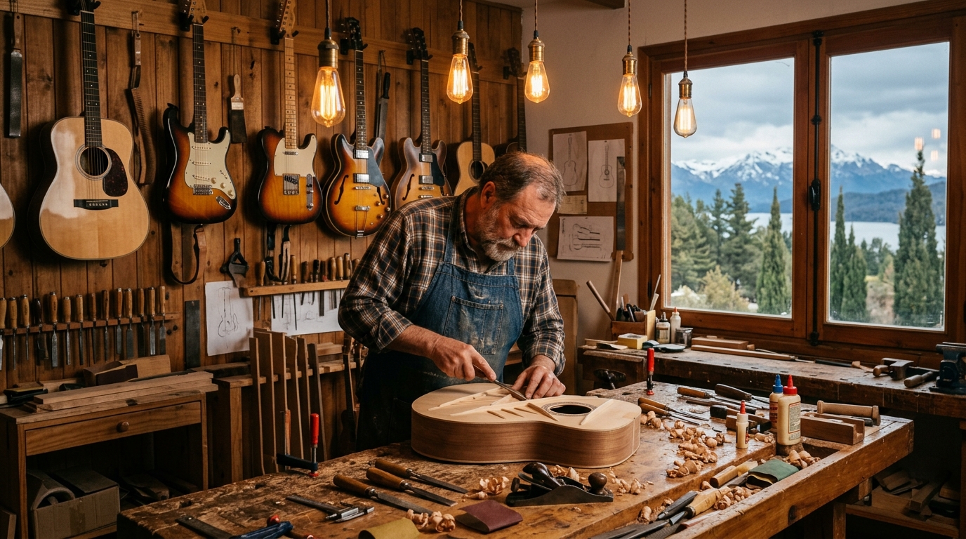 Taller de Lutería de Fabián Slezak en Las Victorias, Bariloche con vista a la cordillera