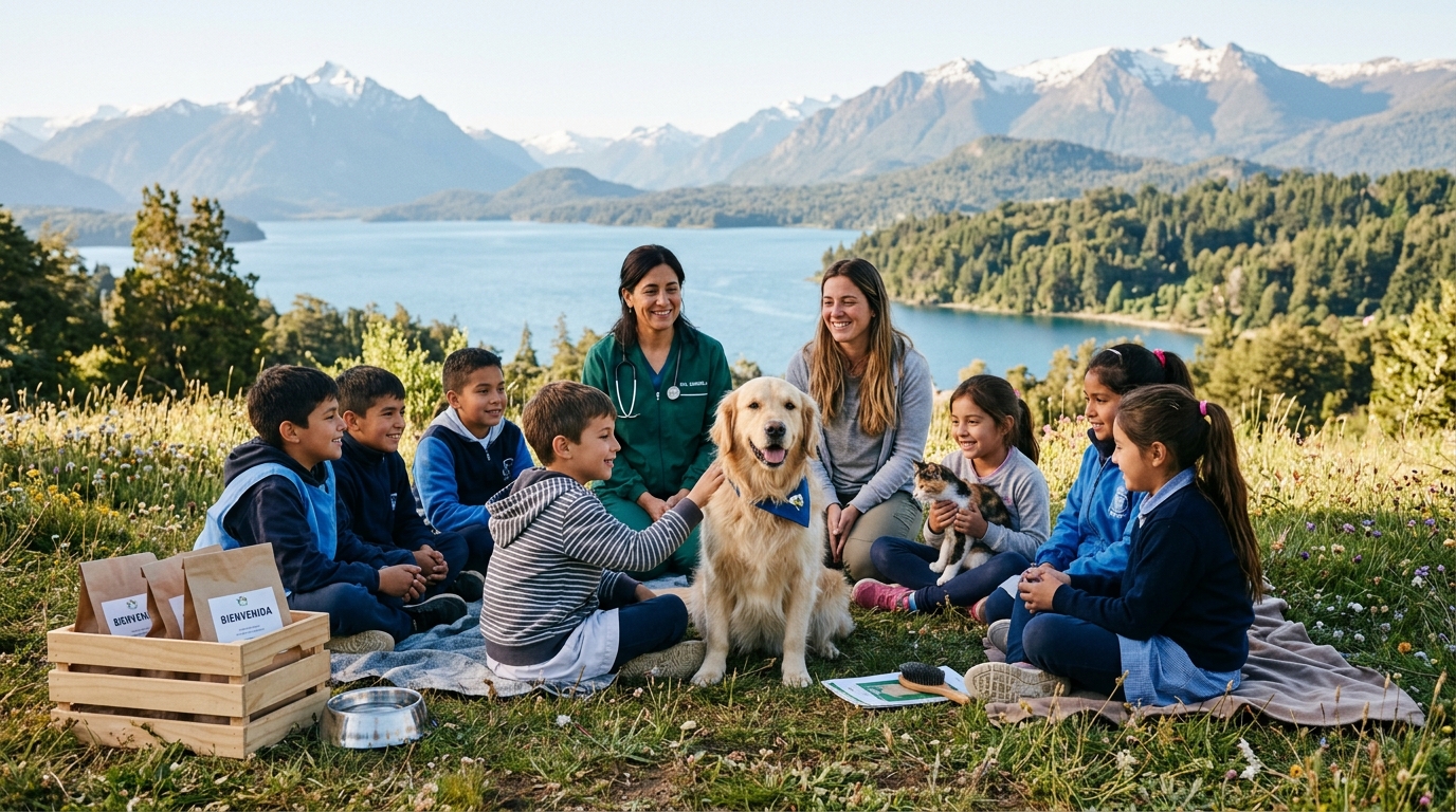 Educación en bienestar animal con niños en Bariloche frente a las montañas